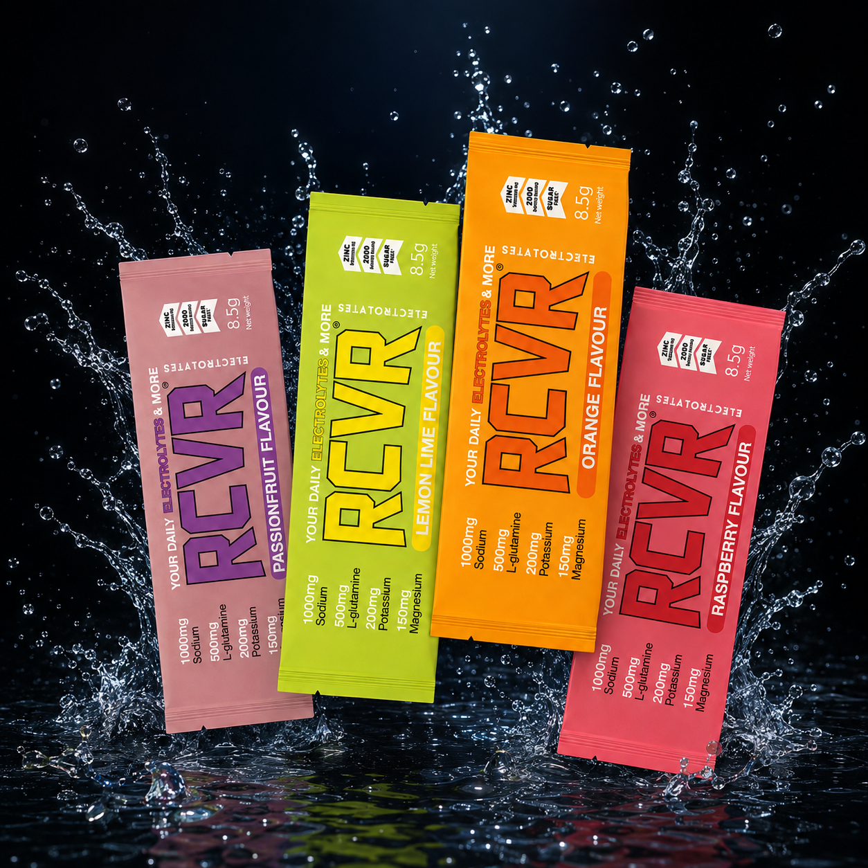 RCVR electrolyte sachets in a water splash