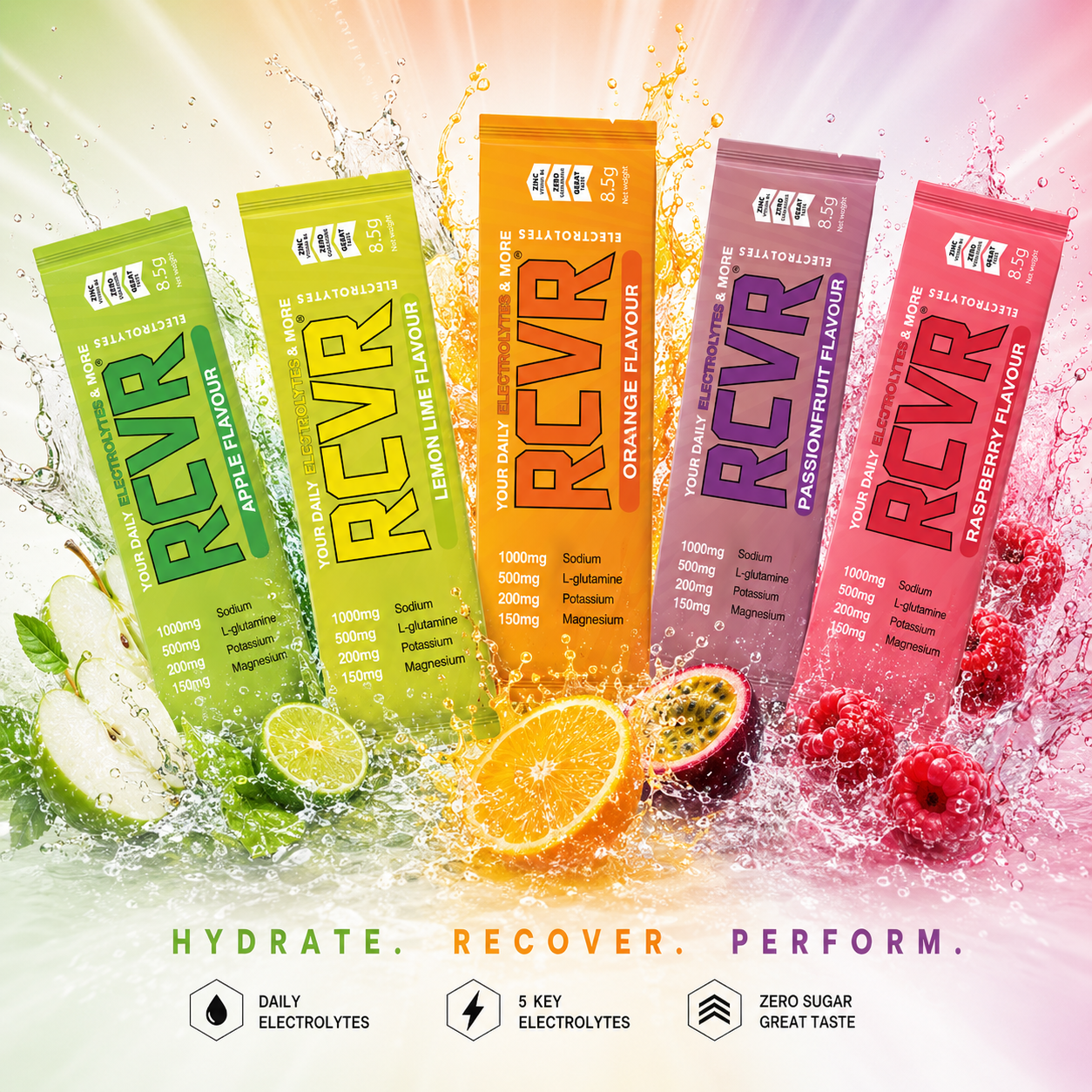 RCVR electrolyte sachets collection — Apple, Lemon & Lime, Orange, Passionfruit and Raspberry